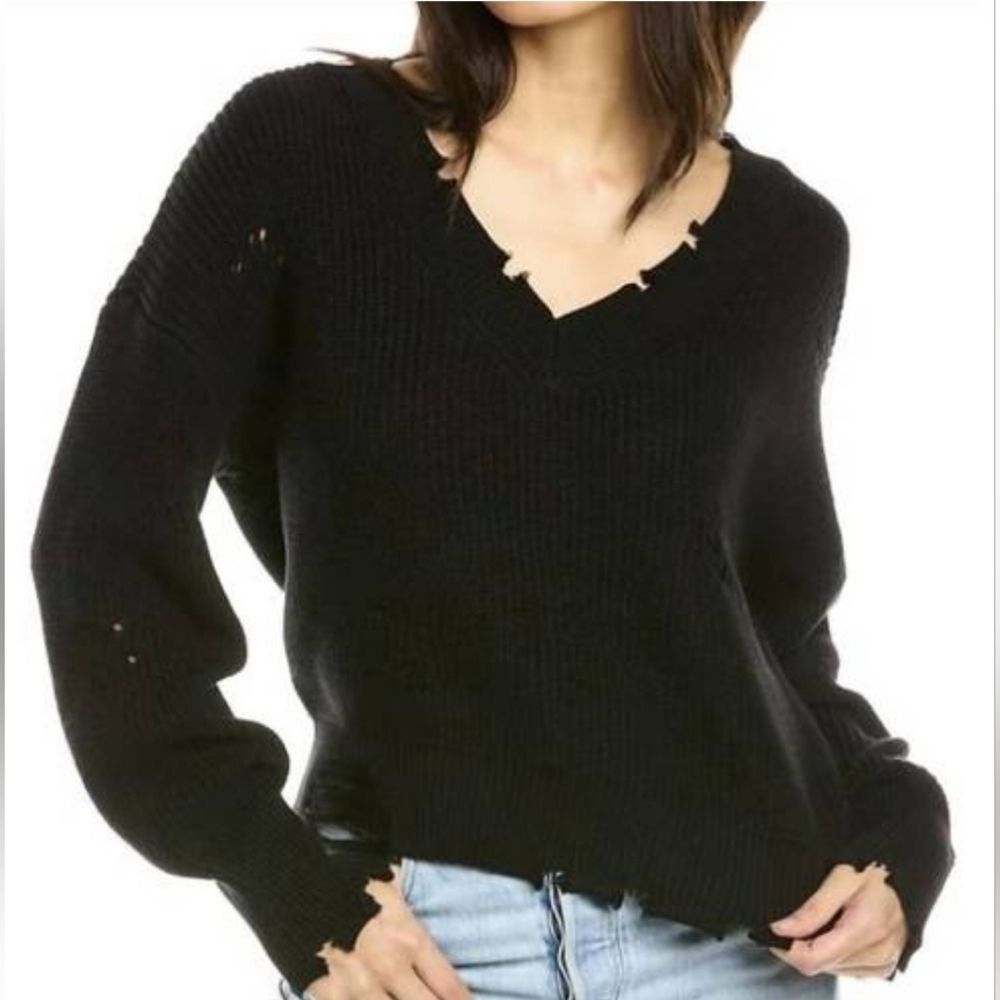 Olivaceous Sweater Size S Small Distress Crop Top Cropped Black Holey Shirt New